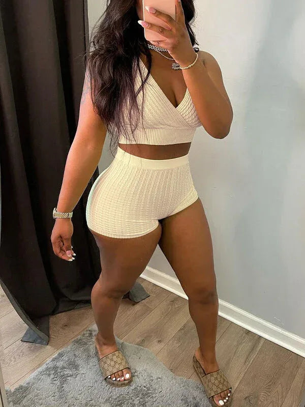Women's V-Neck Sleeveless Tank Top & High-Waist Shorts Set