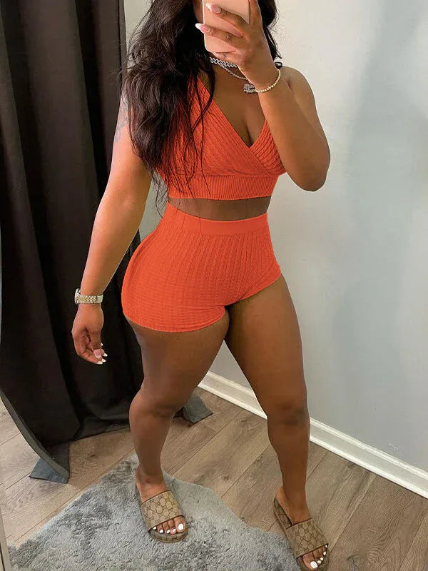 Women's V-Neck Sleeveless Tank Top & High-Waist Shorts Set