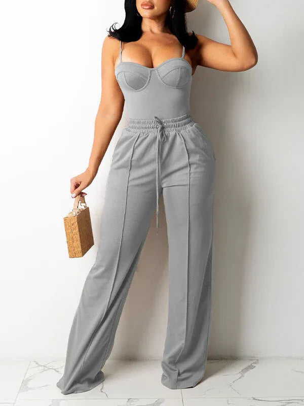 Women's Solid Sleeveless Cami Top & Flowy Wide-Leg Pants Set