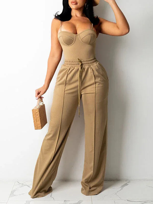 Women's Solid Sleeveless Cami Top & Flowy Wide-Leg Pants Set