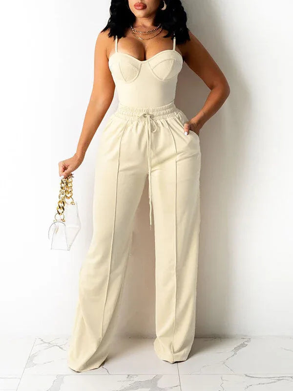 Women's Solid Sleeveless Cami Top & Flowy Wide-Leg Pants Set