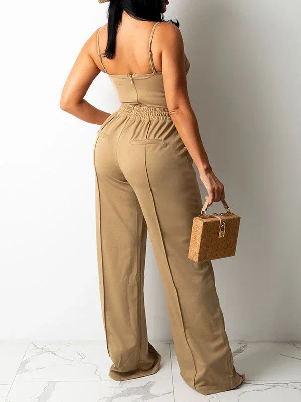 Women's Solid Sleeveless Cami Top & Flowy Wide-Leg Pants Set