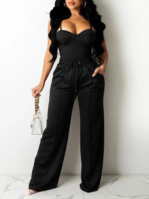 Women's Solid Sleeveless Cami Top & Flowy Wide-Leg Pants Set