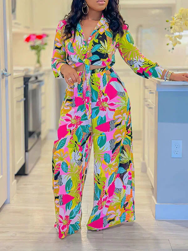 Women's Printed Button-Down Shirt & Flowy Wide-Leg Pants Set