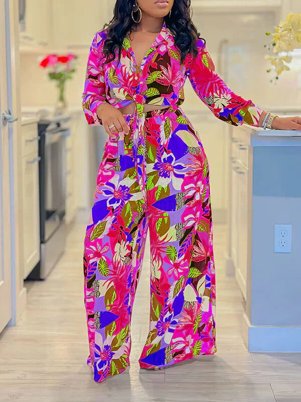 Women's Printed Button-Down Shirt & Flowy Wide-Leg Pants Set