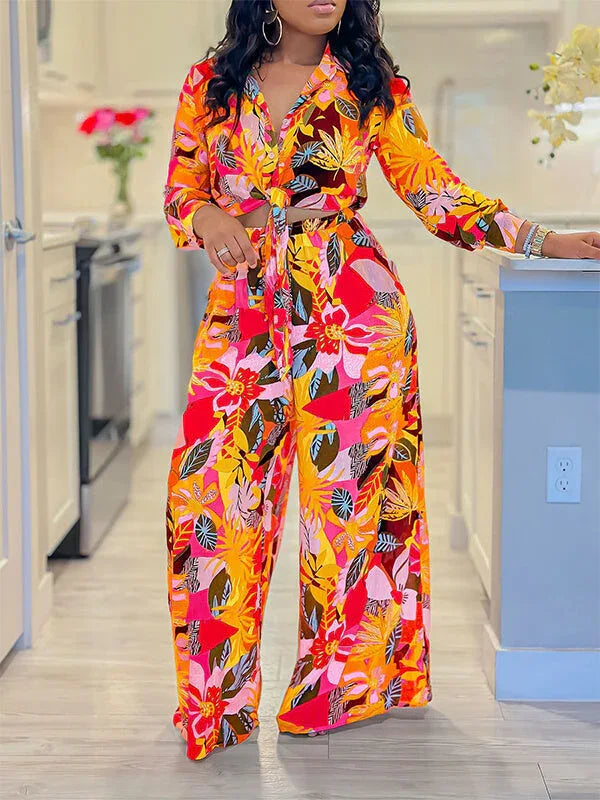 Women's Printed Button-Down Shirt & Flowy Wide-Leg Pants Set
