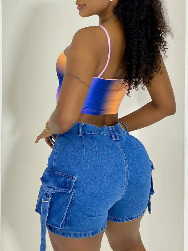 Women's Denim Relaxed-Fit Multi-Pocket Cargo Shorts