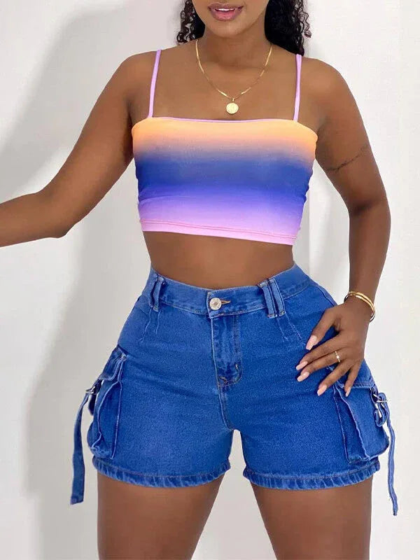 Women's Denim Relaxed-Fit Multi-Pocket Cargo Shorts