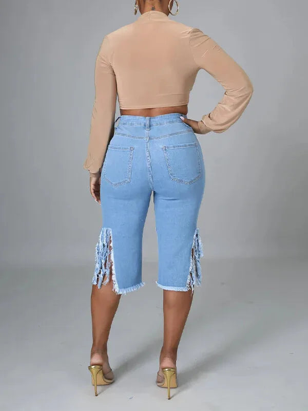 Women's Ripped Distressed Cropped Capri Jeans