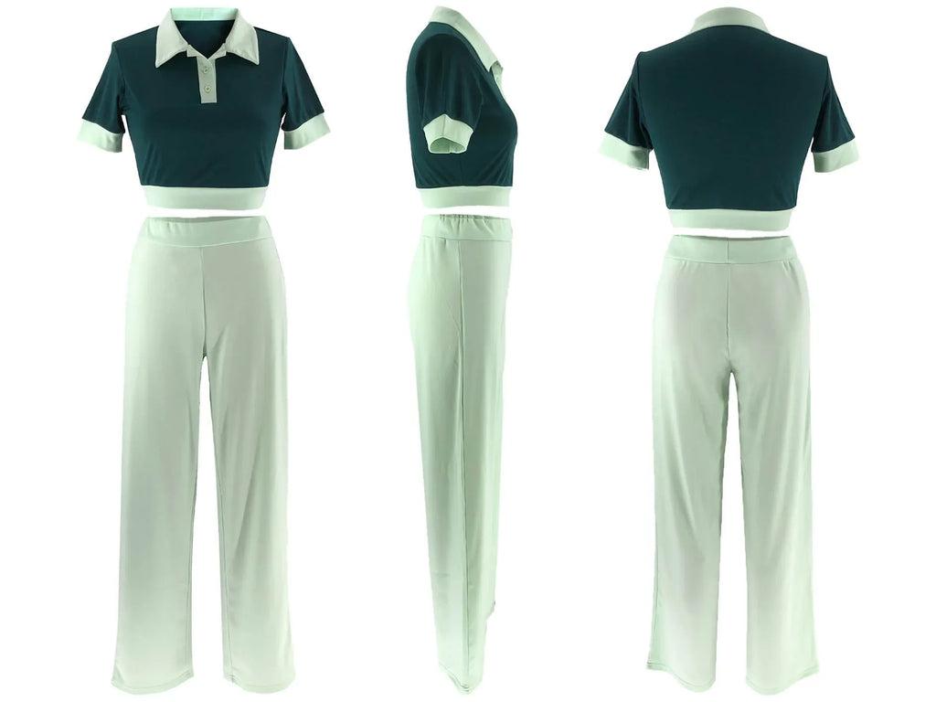 Women's Polo Collar Casual Top & Straight-Leg Pants Set
