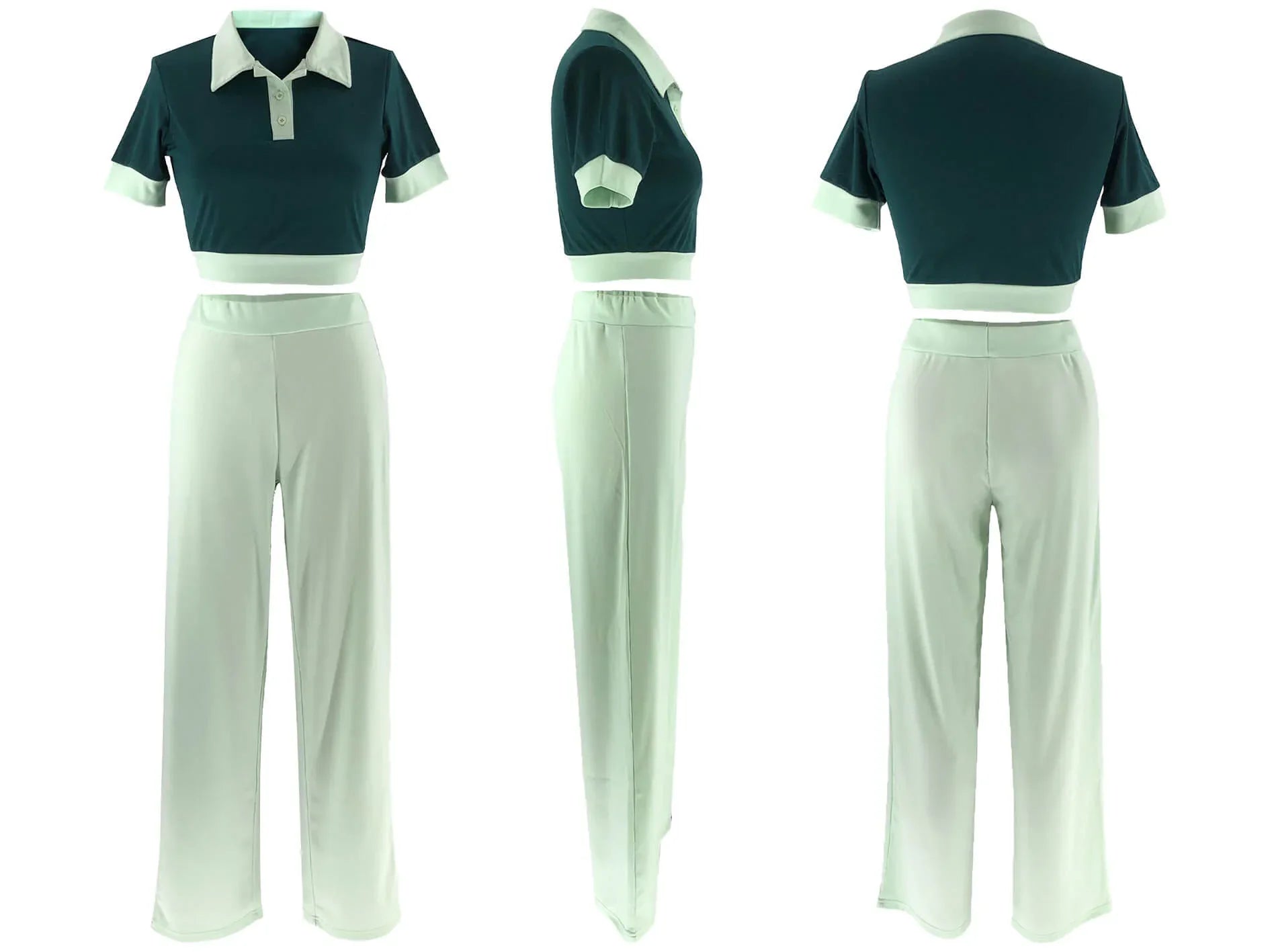 Women's Polo Collar Casual Top & Straight-Leg Pants Set