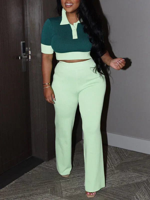Women's Polo Collar Casual Top & Straight-Leg Pants Set