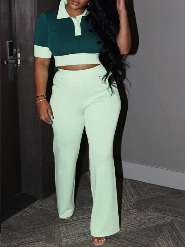 Women's Polo Collar Casual Top & Straight-Leg Pants Set