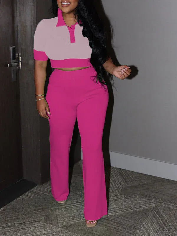 Women's Polo Collar Casual Top & Straight-Leg Pants Set