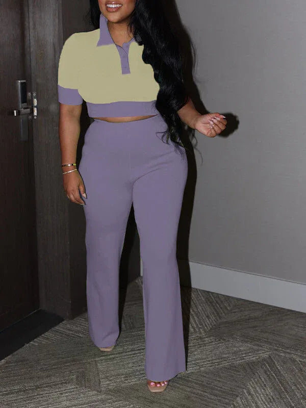 Women's Polo Collar Casual Top & Straight-Leg Pants Set
