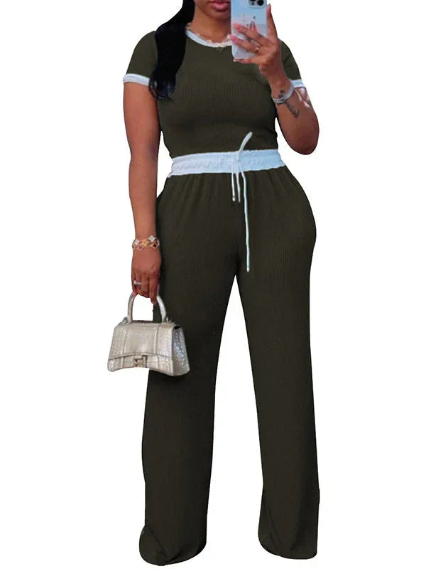 Women's Ribbed Casual Tee & High-Waist Wide-Leg Pants Set