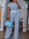 Women's Ribbed Casual Tee & High-Waist Wide-Leg Pants Set
