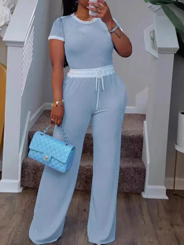 Women's Ribbed Casual Tee & High-Waist Wide-Leg Pants Set