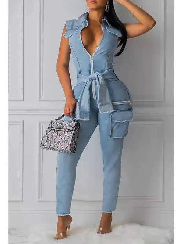 Women's Zip-Front Sleeveless Denim Jumpsuit