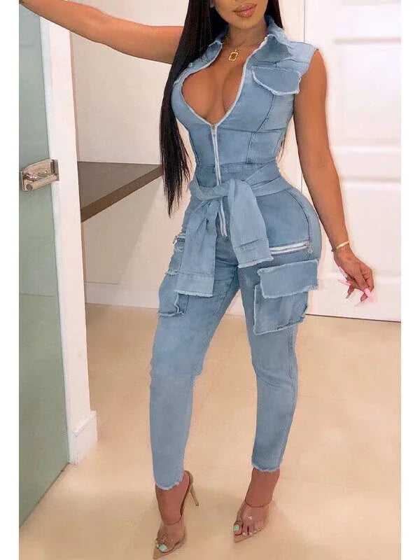 Women's Zip-Front Sleeveless Denim Jumpsuit
