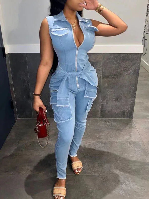 Women's Zip-Front Sleeveless Denim Jumpsuit