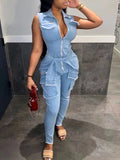 Women's Zip-Front Sleeveless Denim Jumpsuit