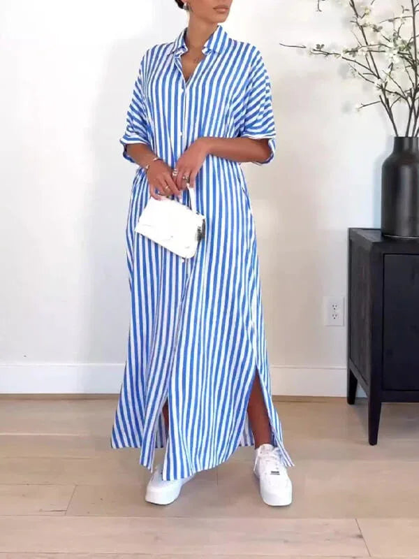 Women's Striped Side-Slit Shirt Dress