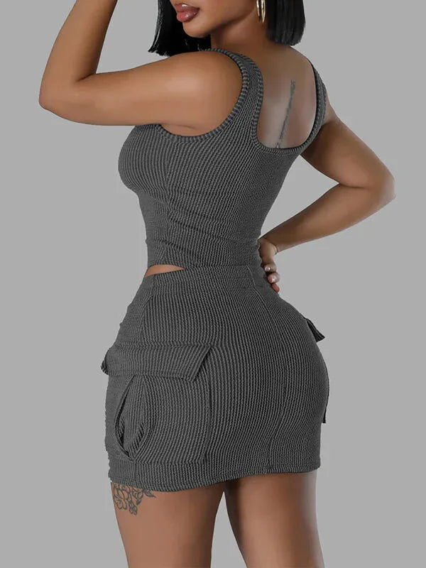 Women's Solid Sleeveless Bodysuit & High-Waist Mini Skirt Set