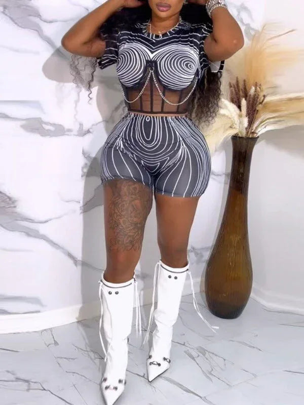 Women's Printed Sheer Mesh Tee & High-Waist Shorts Set