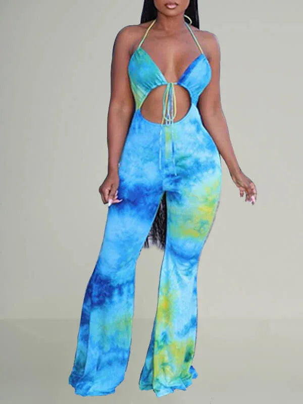 Women's Printed Halter Neck Tied-Back Wide-Leg Jumpsuit