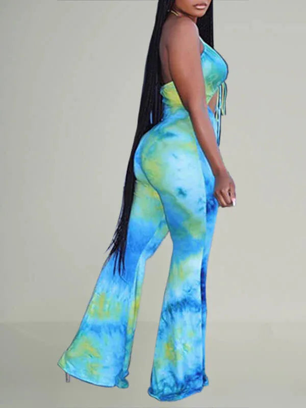 Women's Printed Halter Neck Tied-Back Wide-Leg Jumpsuit