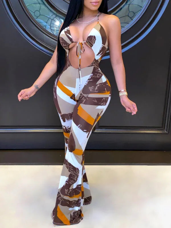 Women's Printed Halter Neck Tied-Back Wide-Leg Jumpsuit