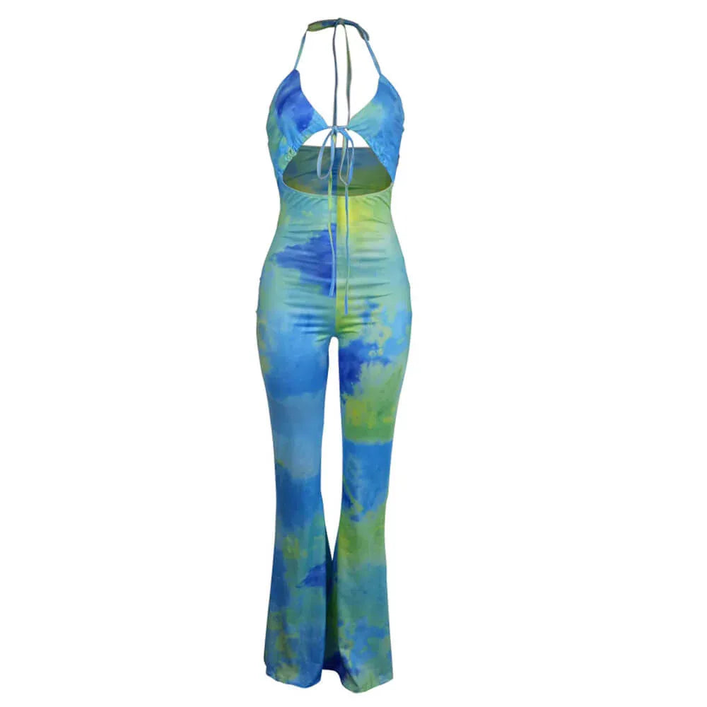 Women's Printed Halter Neck Tied-Back Wide-Leg Jumpsuit