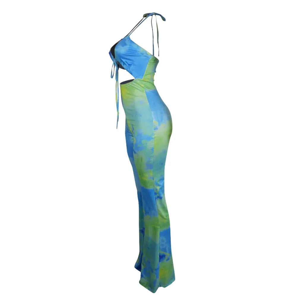 Women's Printed Halter Neck Tied-Back Wide-Leg Jumpsuit
