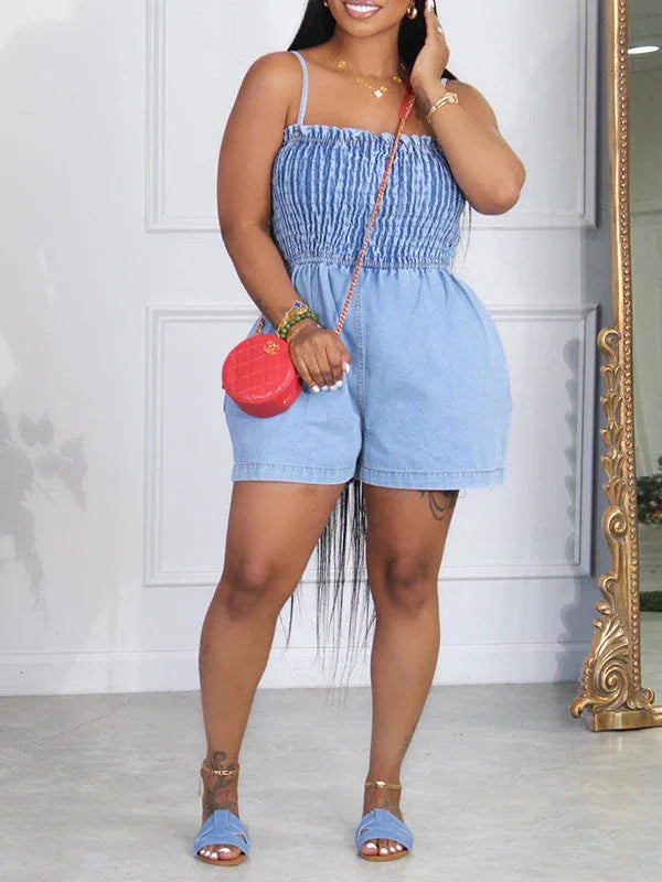Women's Smocked Elastic Strapless Denim Mini Romper