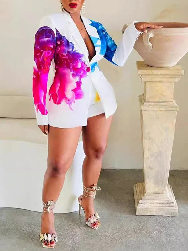 Women's Printed Tailored Blazer & High-Waist Shorts Set