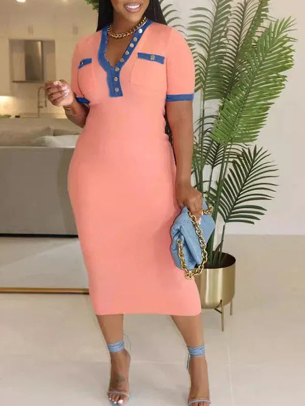 Women's Denim-Combo Button-Front Midi Dress