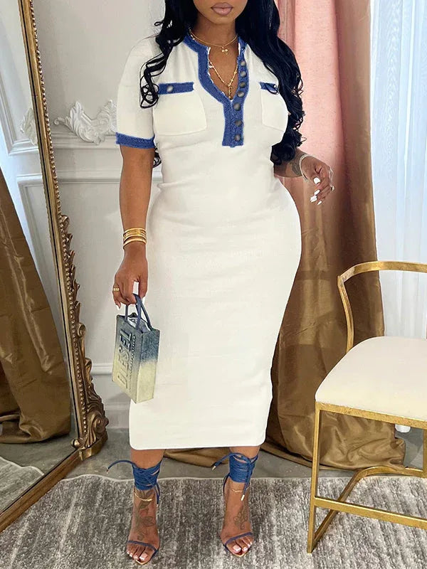 Women's Denim-Combo Button-Front Midi Dress