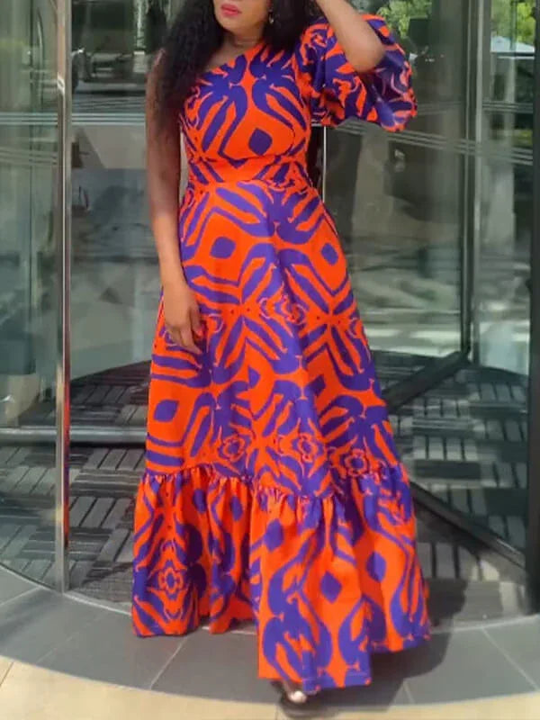 Women's Printed One-Shoulder Maxi Dress