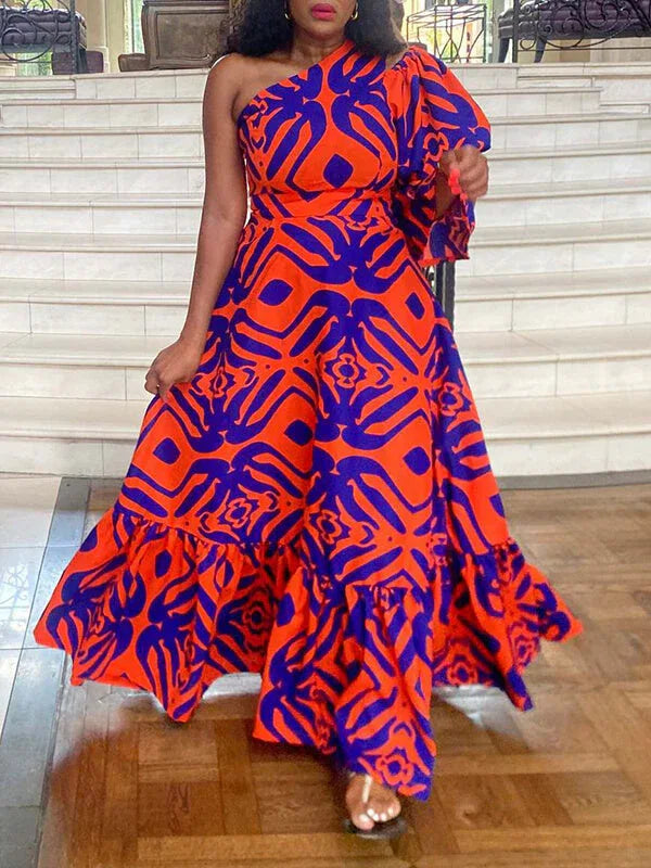 Women's Printed One-Shoulder Maxi Dress