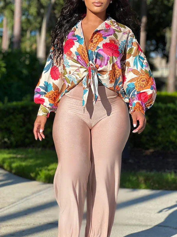 Women's Printed Tied-Front Casual Button-Down Shirt