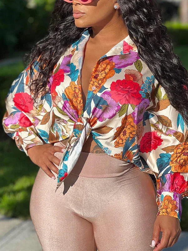 Women's Printed Tied-Front Casual Button-Down Shirt