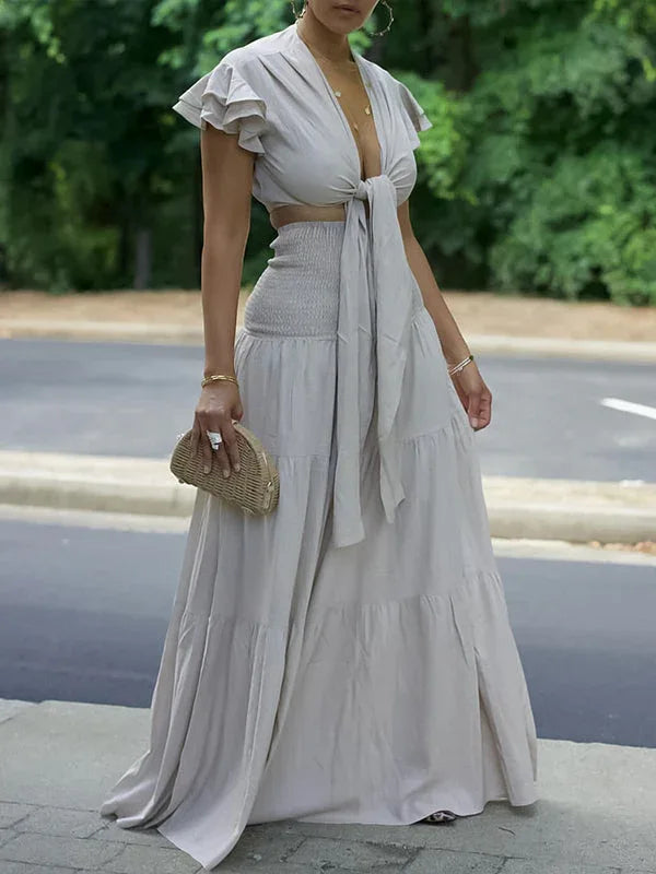 Women's Solid Tied-Front Crop Top & Flowy Wide-Leg Pants Set