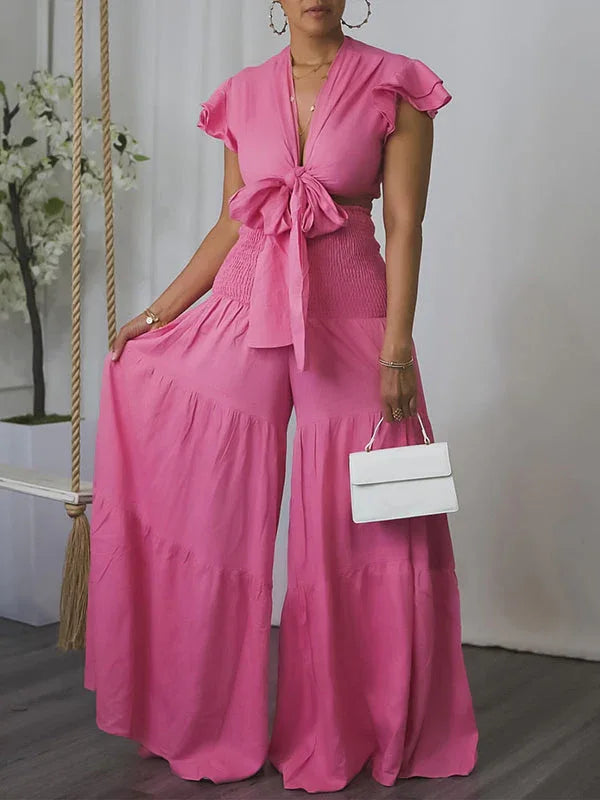 Women's Solid Tied-Front Crop Top & Flowy Wide-Leg Pants Set