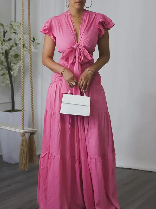 Women's Solid Tied-Front Crop Top & Flowy Wide-Leg Pants Set