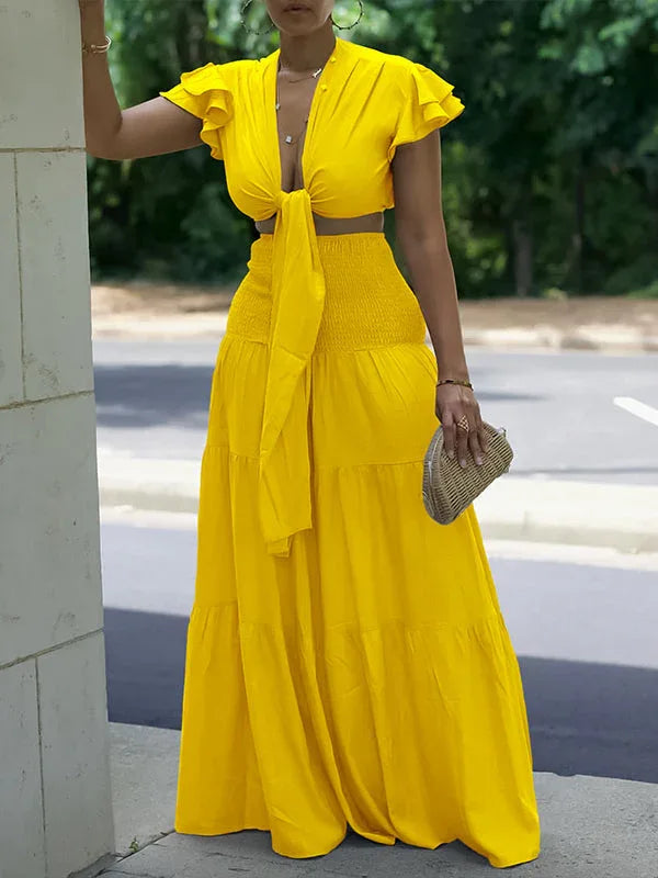 Women's Solid Tied-Front Crop Top & Flowy Wide-Leg Pants Set