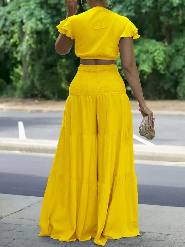 Women's Solid Tied-Front Crop Top & Flowy Wide-Leg Pants Set