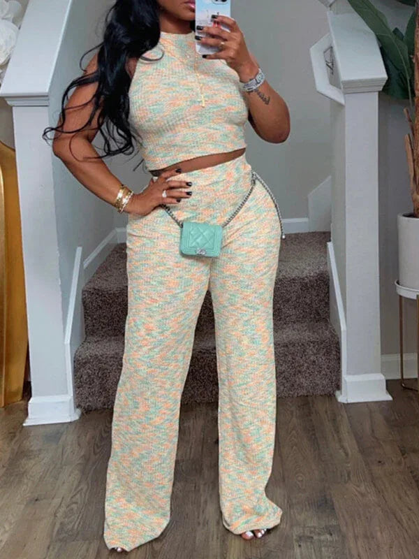 Women's Printed Sleeveless Tank Top & Wide-Leg Pants Set