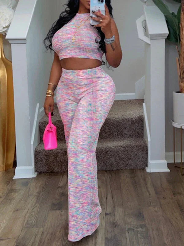 Women's Printed Sleeveless Tank Top & Wide-Leg Pants Set