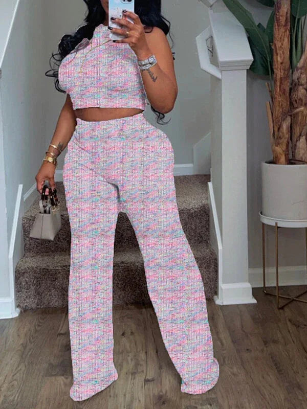 Women's Printed Sleeveless Tank Top & Wide-Leg Pants Set